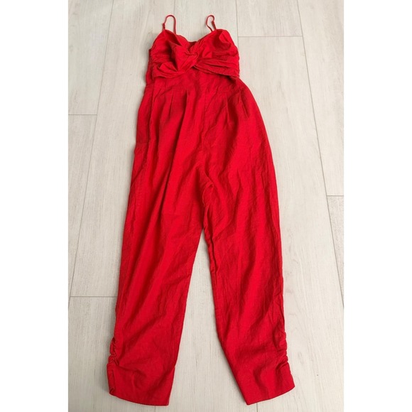 FARM Rio Pants - Farm Rio Cherry Red Linen Blend Jumpsuit Twist Front Cropped Leg Sz XS